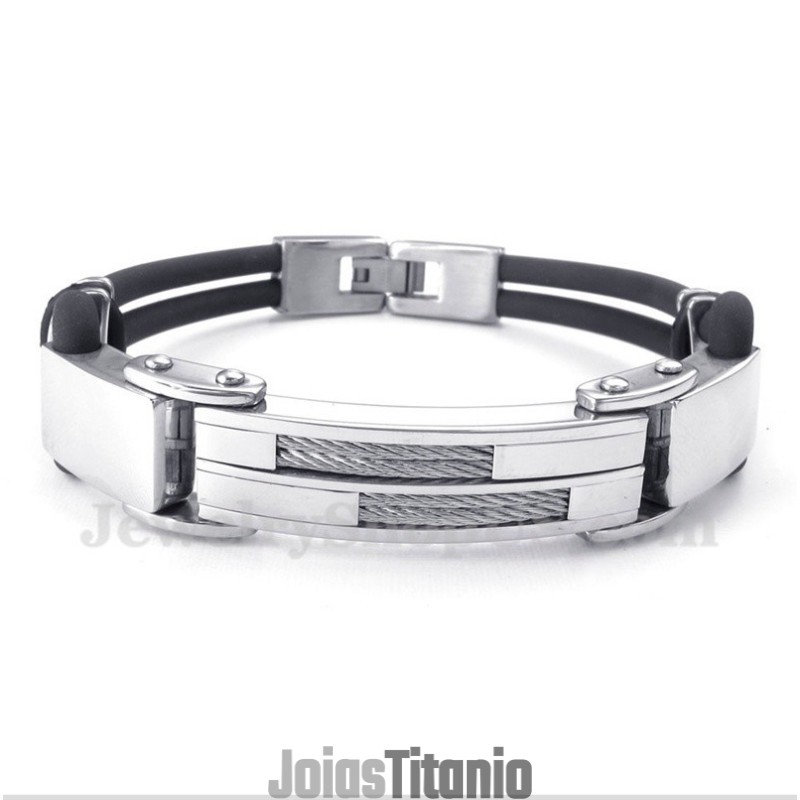 Pulseira De Couro Com Cabo De Titânio Masculina