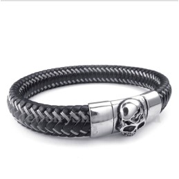 Pulseira Masculina De Couro Preto E Titânio