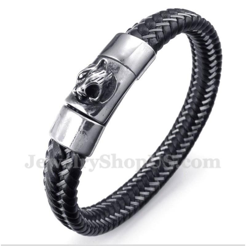 Pulseira Masculina De Couro Preto E Titânio