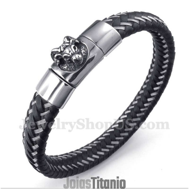 Pulseira Masculina De Couro Preto E Titânio Com Cabo Magnético Pulseira Masculina De Couro Preto E Titânio Com Cabo Magnético