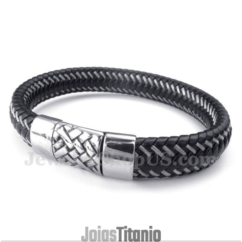 Pulseira Masculina De Couro Preto E Titânio Pulseira Masculina De Couro Preto E Titânio
