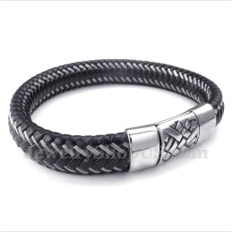 Pulseira Masculina De Couro Preto E Titânio