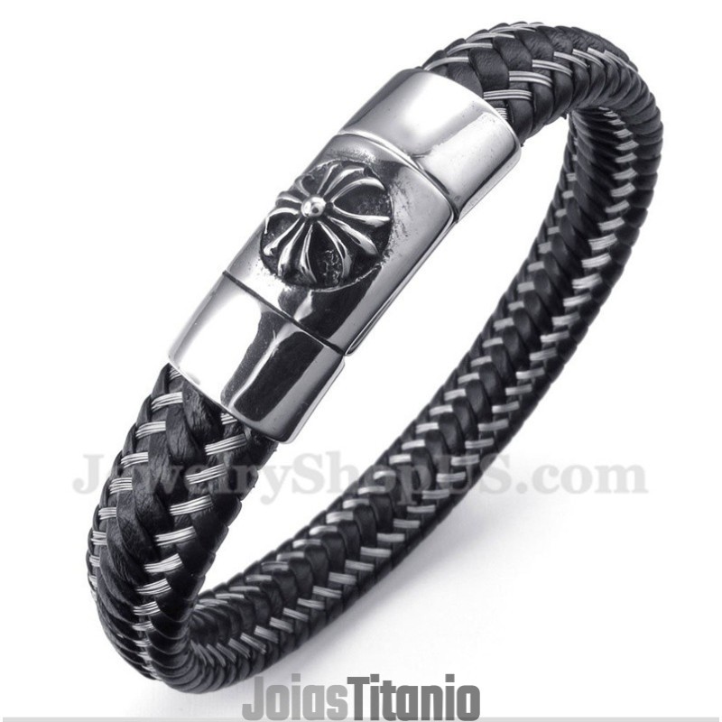 Pulseira Masculina De Couro Preto E Titânio Pulseira Masculina De Couro Preto E Titânio