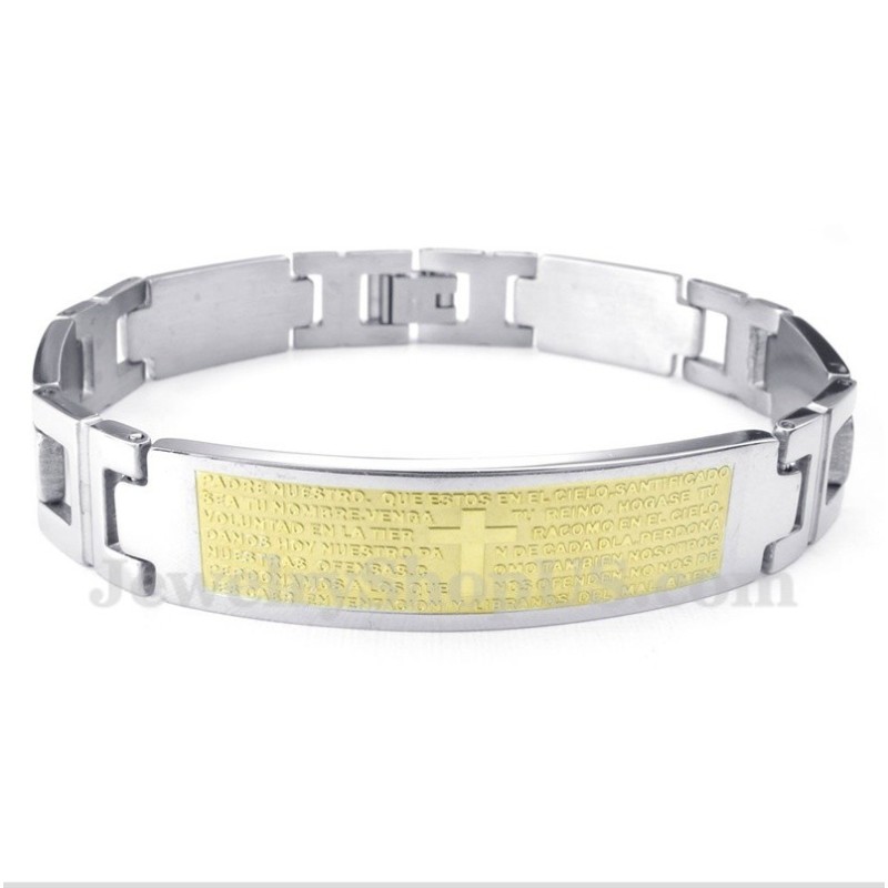 Pulseira Masculina De Titânio Com Cruz Dourada E Versículo Bíblico