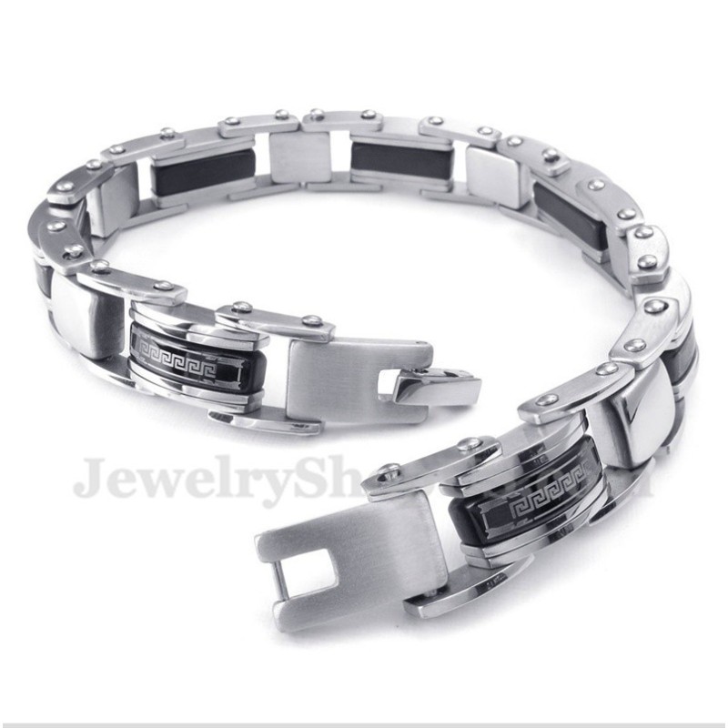 Pulseira Masculina De Titânio Preto Com Padrão Grego Meandro Pulseira Masculina De Titânio Preto Com Padrão Grego Meandro
