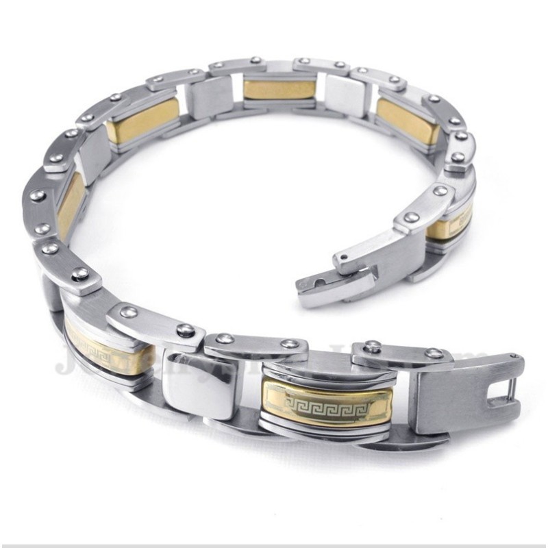 Pulseira Masculina De Titânio Dourado Com Padrão De Meandro Grego Pulseira Masculina De Titânio Dourado Com Padrão De Meandro Grego