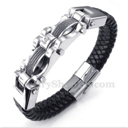 Pulseira Masculina De Couro Com Cabo De Titânio E Diamante