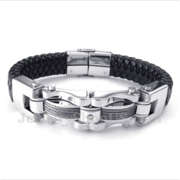 Pulseira Masculina De Couro Com Cabo De Titânio E Diamante