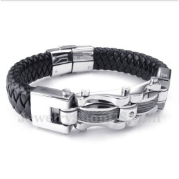 Pulseira Masculina De Couro Com Cabo De Titânio E Diamante