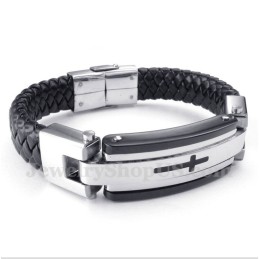 Pulseira Masculina De Couro Com Cruz De Titânio