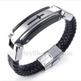 Pulseira Masculina De Couro Com Cruz De Titânio
