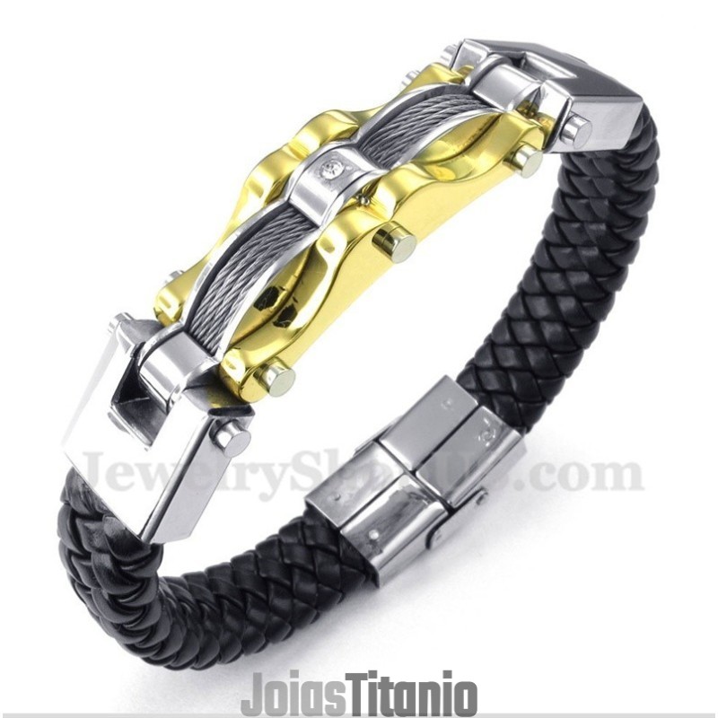 Pulseira Masculina De Couro Com Cabo Dourado E Titânio Pulseira Masculina De Couro Com Cabo Dourado E Titânio