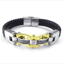Pulseira Masculina De Couro Com Cabo Dourado E Titânio