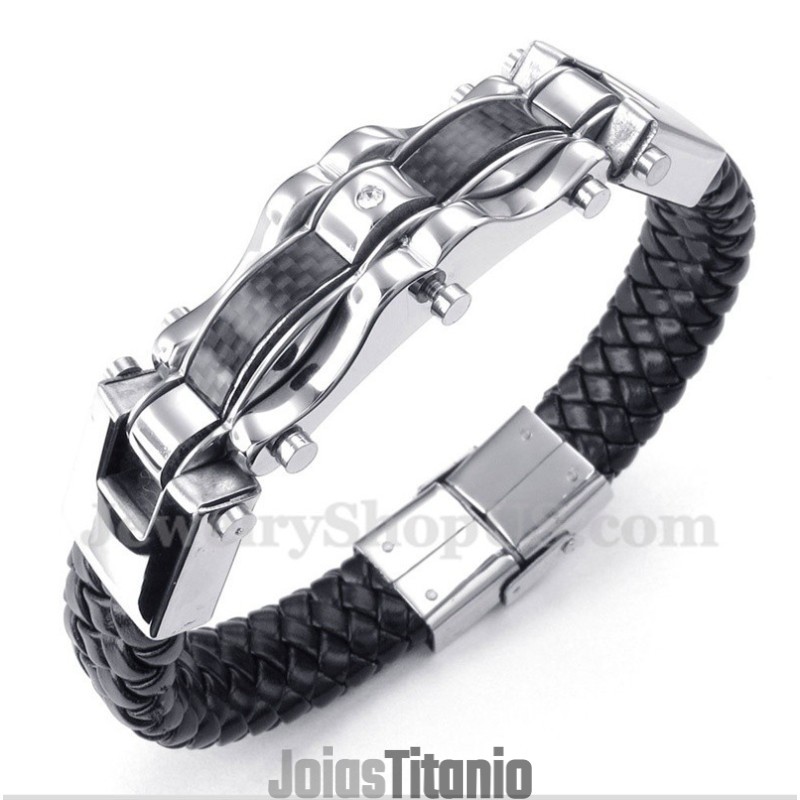 Pulseira Masculina De Couro E Fibra De Carbono E Titânio