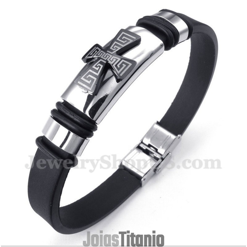Pulseira Masculina De Titânio Com Padrão Grego Meandro E Cruz De Borracha Pulseira Masculina De Titânio Com Padrão Grego Meandro E Cruz De Borracha