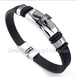 Pulseira Masculina De Titânio Com Padrão Grego Meandro E Cruz De Borracha