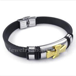 Pulseira Masculina De Titânio Com Padrão Grego Meandro E Cruz Dourada De Borracha