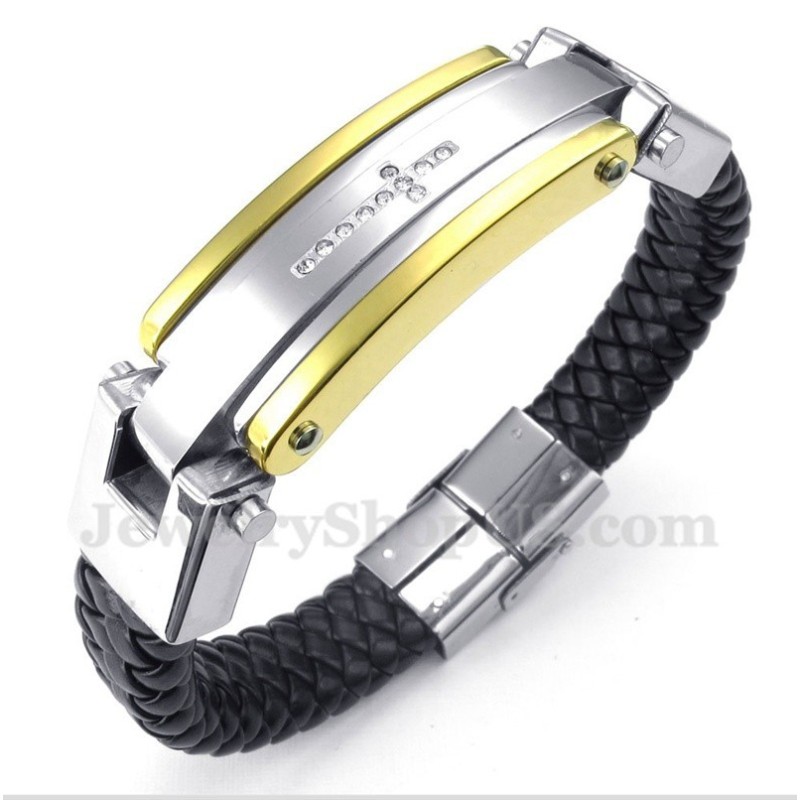 Pulseira Masculina De Couro Com Cruz De Diamante E Titânio Pulseira Masculina De Couro Com Cruz De Diamante E Titânio