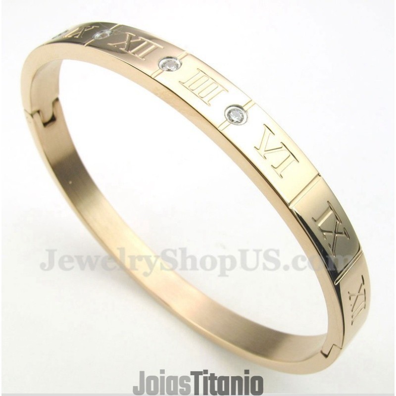 Pulseira Masculina De Titânio Com Diamantes E Ouro Rosa E Algarismos Romanos Pulseira Masculina De Titânio Com Diamantes E Ouro Rosa E Algarismos Romanos