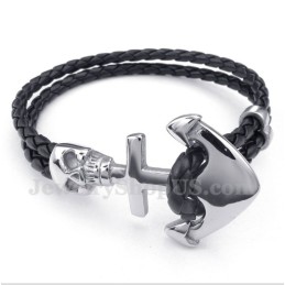 Pulseira Masculina De Couro De Âncora E Titânio
