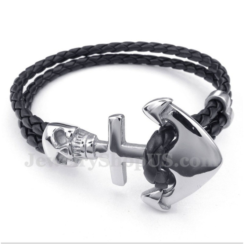 Pulseira Masculina De Couro De Âncora E Titânio Pulseira Masculina De Couro De Âncora E Titânio