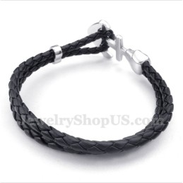 Pulseira Masculina De Couro De Âncora E Titânio
