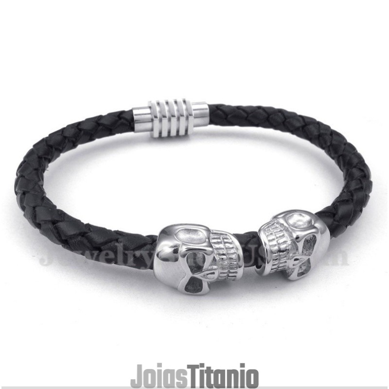 Pulseira Masculina De Couro De Caveira E Titânio Pulseira Masculina De Couro De Caveira E Titânio