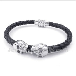Pulseira Masculina De Couro De Caveira E Titânio