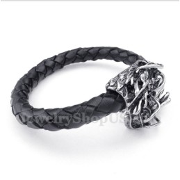Pulseira De Couro Com Cabeça De Dragão Chinês Masculina