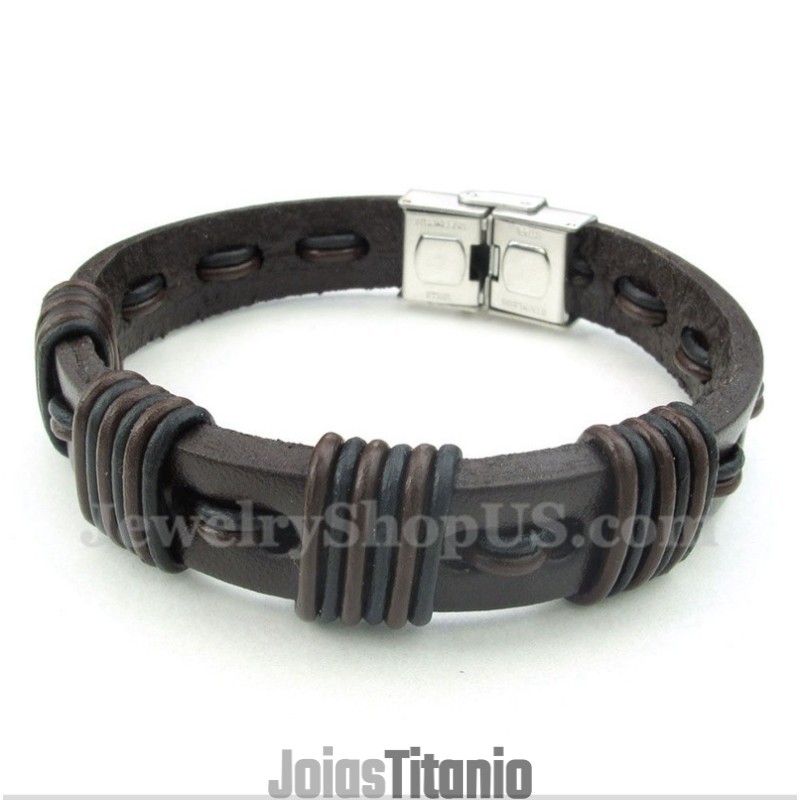 Pulseira Masculina De Couro E Titânio