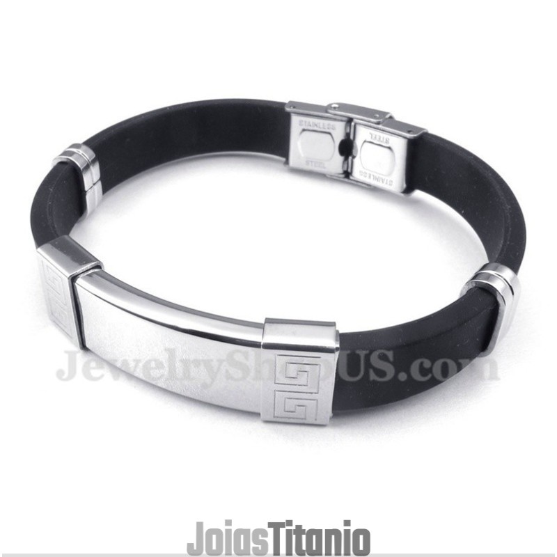 Pulseira Masculina De Titânio E Borracha Com Padrão Grego Meandro Pulseira Masculina De Titânio E Borracha Com Padrão Grego Meandro