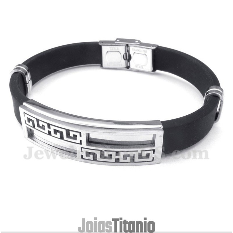Pulseira Masculina De Titânio E Borracha Com Padrão Grego Meandro