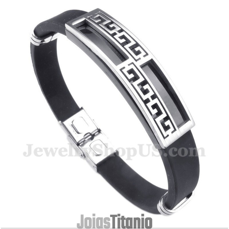 Pulseira Masculina De Titânio E Borracha Com Padrão Grego Meandro Pulseira Masculina De Titânio E Borracha Com Padrão Grego Meandro