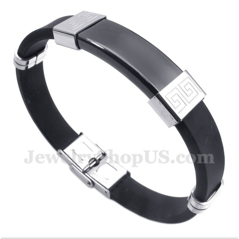 Pulseira Masculina De Titânio E Borracha Com Padrão Grego Meandro Pulseira Masculina De Titânio E Borracha Com Padrão Grego Meandro