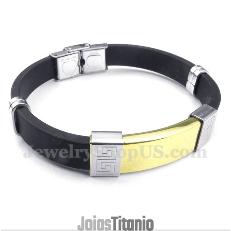 Pulseira Masculina De Titânio E Borracha Com Padrão Grego Meandro Pulseira Masculina De Titânio E Borracha Com Padrão Grego Meandro