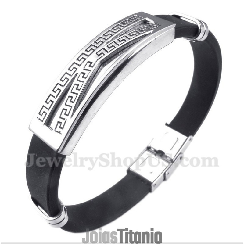 Pulseira Masculina De Titânio E Borracha Com Padrão Grego Meandro Pulseira Masculina De Titânio E Borracha Com Padrão Grego Meandro