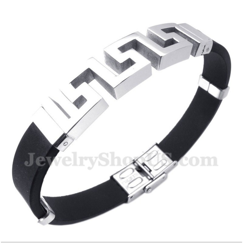 Pulseira Masculina De Titânio E Borracha Com Padrão Grego Meandro Pulseira Masculina De Titânio E Borracha Com Padrão Grego Meandro