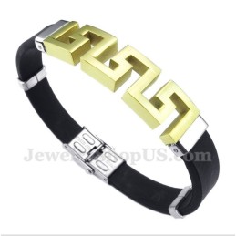 Pulseira Masculina De Titânio E Borracha Dourada Com Padrão Grego Meandro