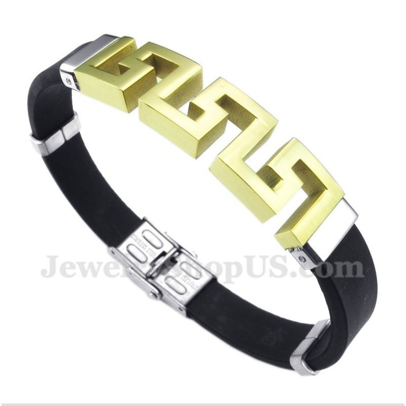 Pulseira Masculina De Titânio E Borracha Dourada Com Padrão Grego Meandro Pulseira Masculina De Titânio E Borracha Dourada Com Padrão Grego Meandro
