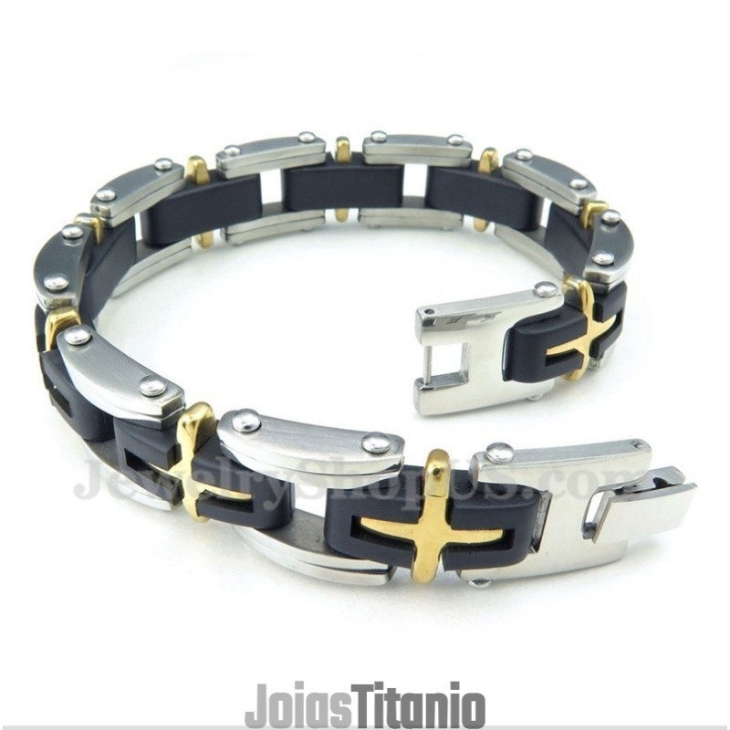Pulseira Masculina De Titânio E Ouro Com Cruz