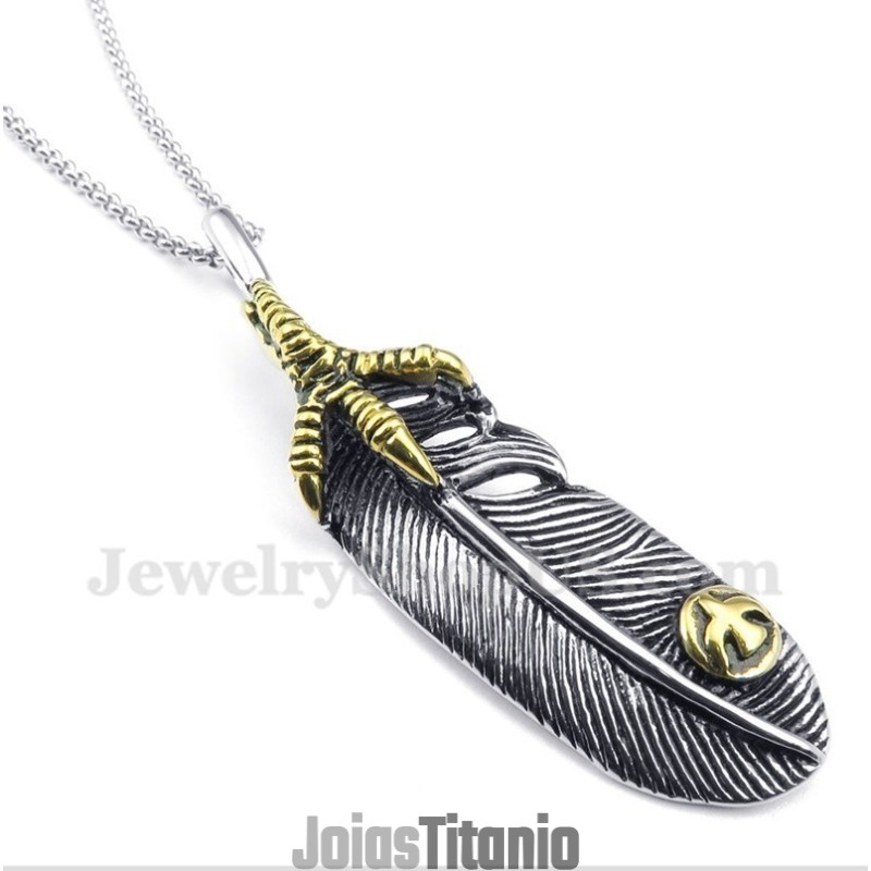 Pingente De Pena De Titânio Masculino Com Corrente Grátis
