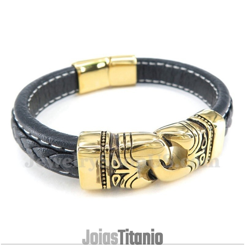 Pulseira Masculina De Couro Banhada A Ouro E Titânio