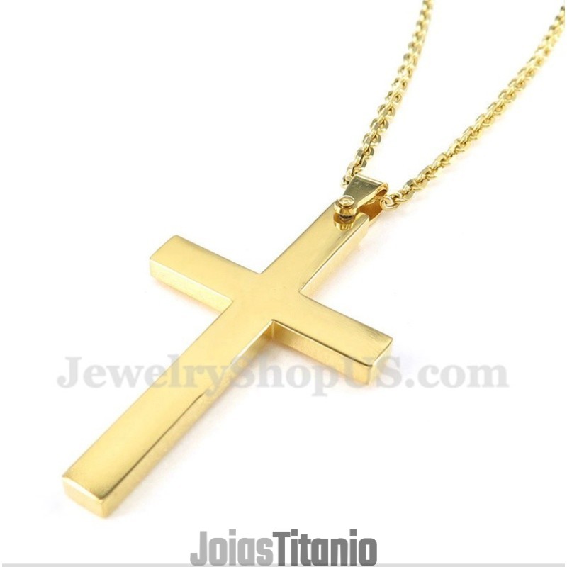 Pingente De Cruz De Titânio Dourado Masculino Com Corrente Grátis Pingente De Cruz De Titânio Dourado Masculino Com Corrente Grátis