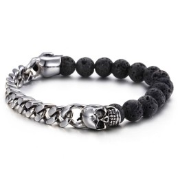 Pulseira De Titânio Com Contas De Pedra Vulcânica E Caveira De Buda