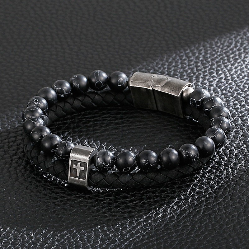 Pulseira De Titânio Turquesa Da Moda Masculina Com Cruz De Couro Pulseira De Titânio Turquesa Da Moda Masculina Com Cruz De Couro