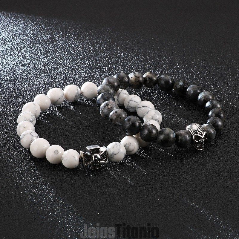 Pulseira De Contas Feita À Mão, Corda Elástica, Turquesa Branca, Titânio, Pulseira De Corda Com Caveira Pulseira De Contas Feita À Mão, Corda Elástica, Turquesa Branca, Titânio, Pulseira De Corda Com Caveira