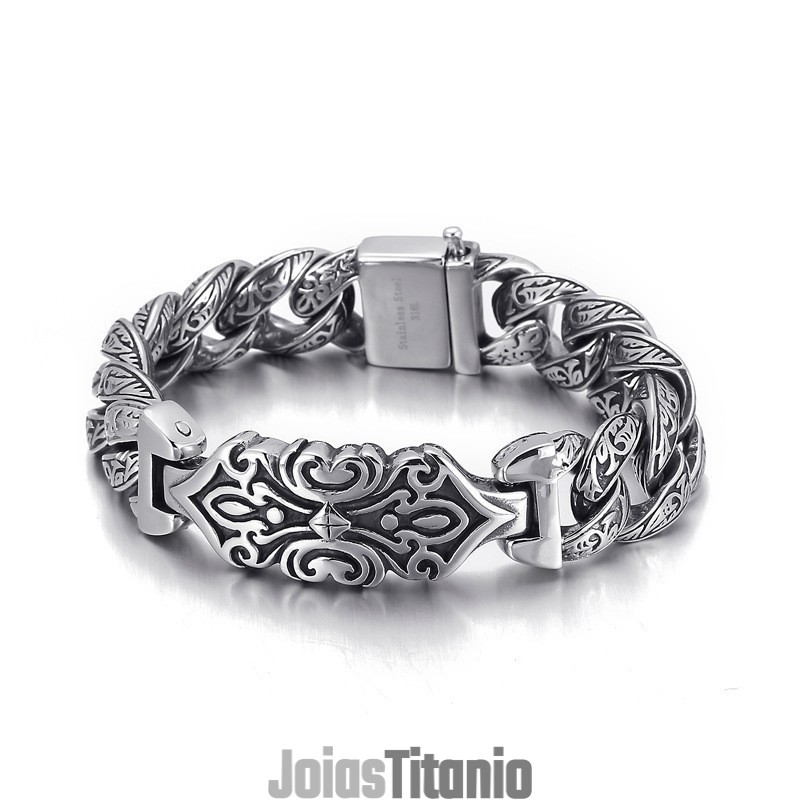 Pulseira Masculina De Titânio Com Padrão Vintage E Cruz