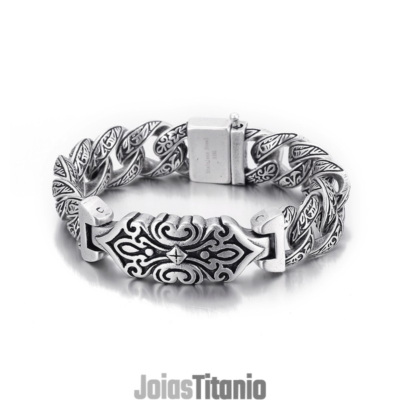 Pulseira Masculina De Titânio Com Padrão Vintage E Cruz