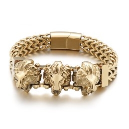 Pulseira Masculina De Titânio Com Caveira De Valentão E Cabeça De Lobo E Cabeça De Leão Em Lote Misto