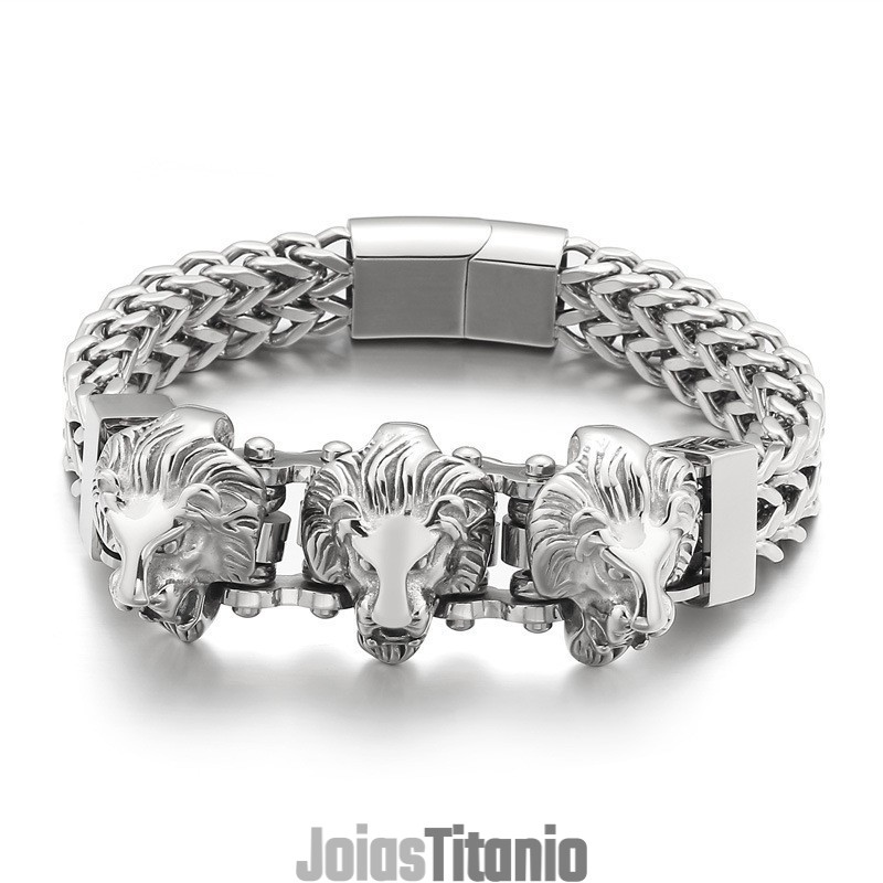 Pulseira Masculina De Titânio Com Caveira De Valentão E Cabeça De Lobo E Cabeça De Leão Em Lote Misto